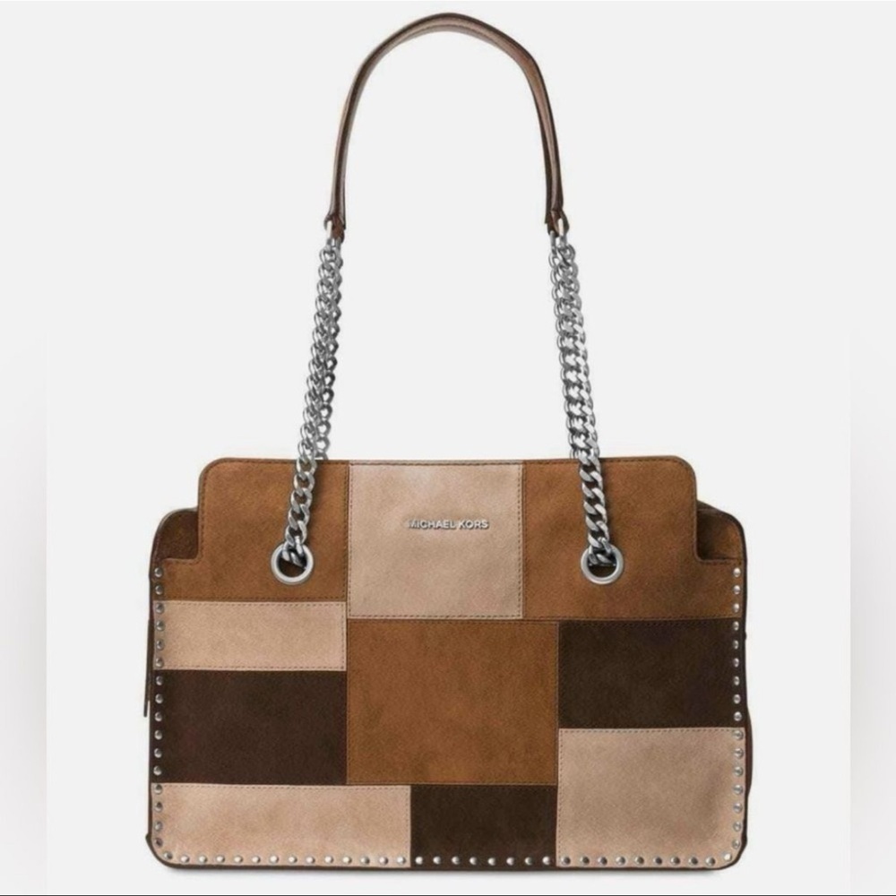 MICHAEL KORS, Astor Large Multicolor Suede Leather Patchwork Studded Satchel Bag